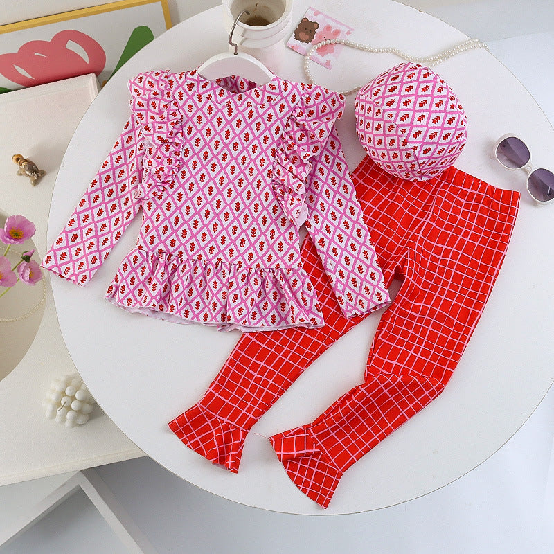25107TG-Children's floral long-sleeved swimsuit and trousers set + swimming cap 