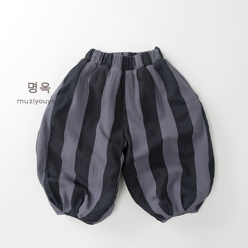 25250PA-冬季韓版直條紋加絨闊腿長褲