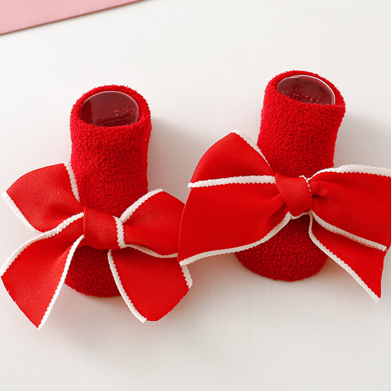 S017-1AC-秋冬季寶寶聖誕蝴蝶結珊瑚絨學步防滑地板襪 (三雙起批)
