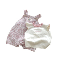 將圖片載入圖庫檢視器 629120LS-夏季｜粉色豹紋｜女童飛袖背帶褲組
