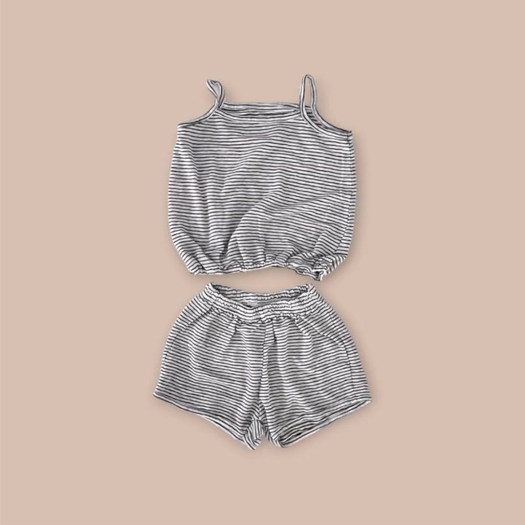 Y8531TG-Summer boys and girls pure cotton retro striped camisole + shorts set 
