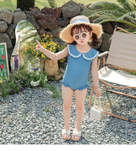 Load image into Gallery viewer, 2311LS-Girls&#39; gray-blue one-piece swimsuit + swimming cap set 
