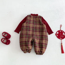 將圖片載入圖庫檢視器 ZDK5616LS-冬季格子加厚夾棉背帶連體褲&amp;針織上衣
