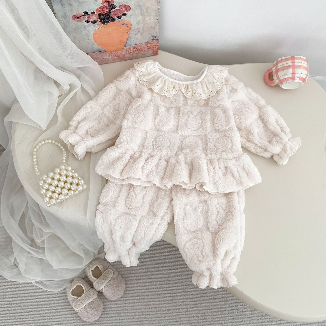 H10603TG-冬季兔子加絨花邊領珊瑚絨縮口家居兩件套裝