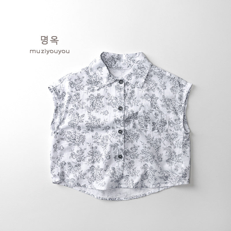 25135SE-夏季薄款印花無童袖襯衫上衣