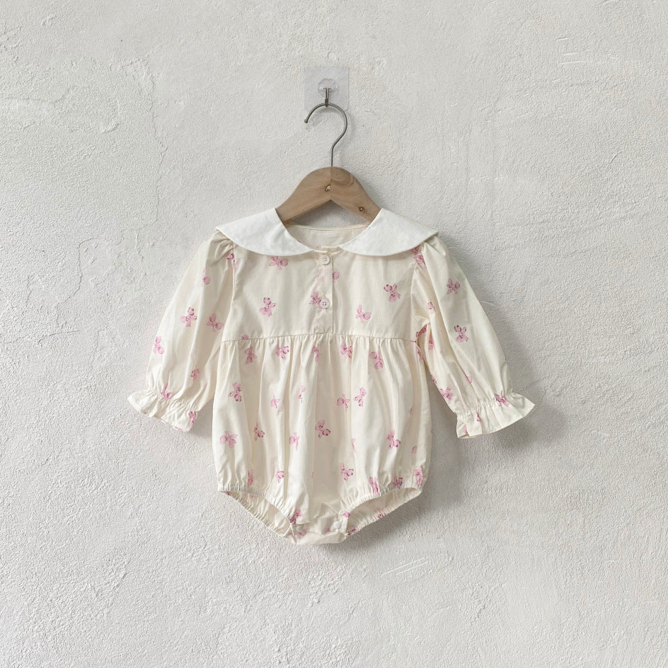 Y9410LS-Autumn A-type pure cotton pink bow print round neck bodysuit 