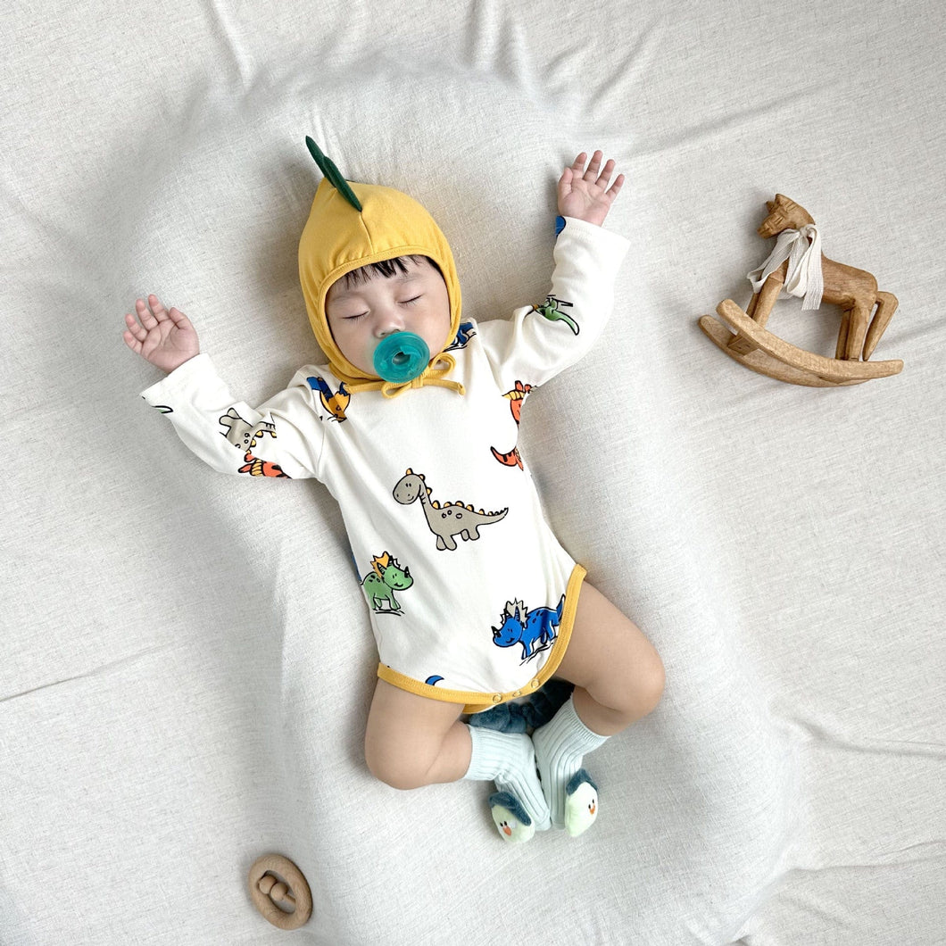 081507LS-寶寶長袖恐龍滿印嬰兒包屁衣+帽子