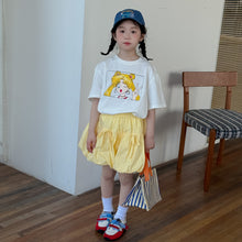 Load image into Gallery viewer, 2025X70TG-Summer Girls Korean Round Neck Casual Short Sleeve Cartoon Top + Solid Color Bubble Wide Leg Shorts 

