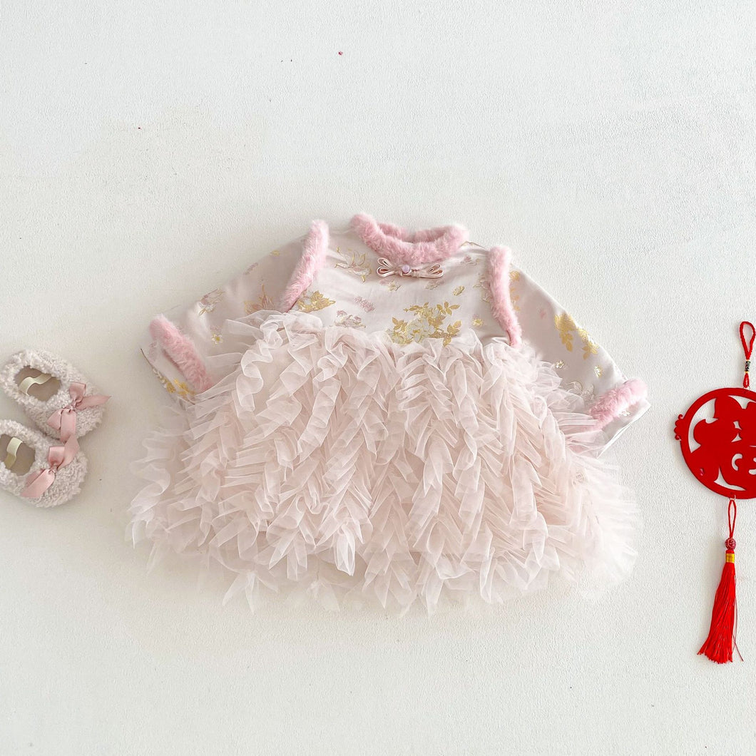 ZDQ5643LS-冬季中國風網紗拜年加厚夾棉連衣裙