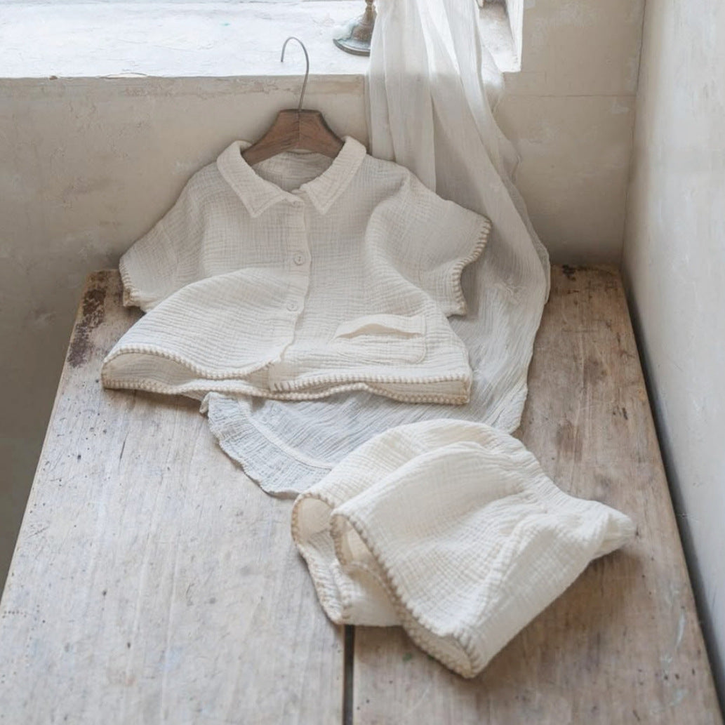 Y8537TG-Summer children's soft and breathable wrinkled cotton short-sleeved shorts two-piece suit 