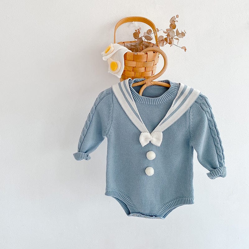 s020LS-ins Spring and Autumn Clothes for Girls, Baby, Infant, Navy Collar, Bowknot, Knitted Bodysuit, Romper, Triangle Climbing Suit