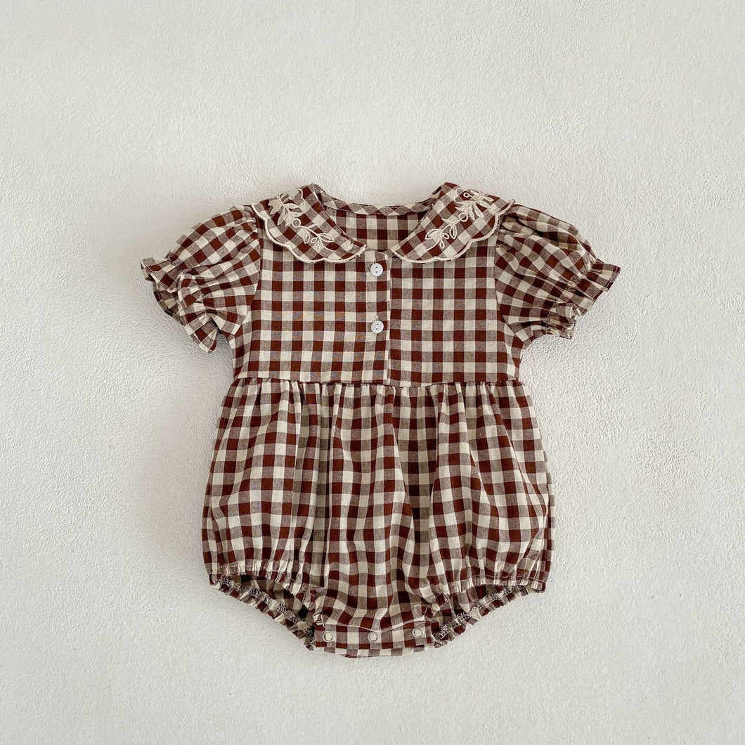 22245LS-ins summer plaid embroidered collar lantern short-sleeved bodysuit