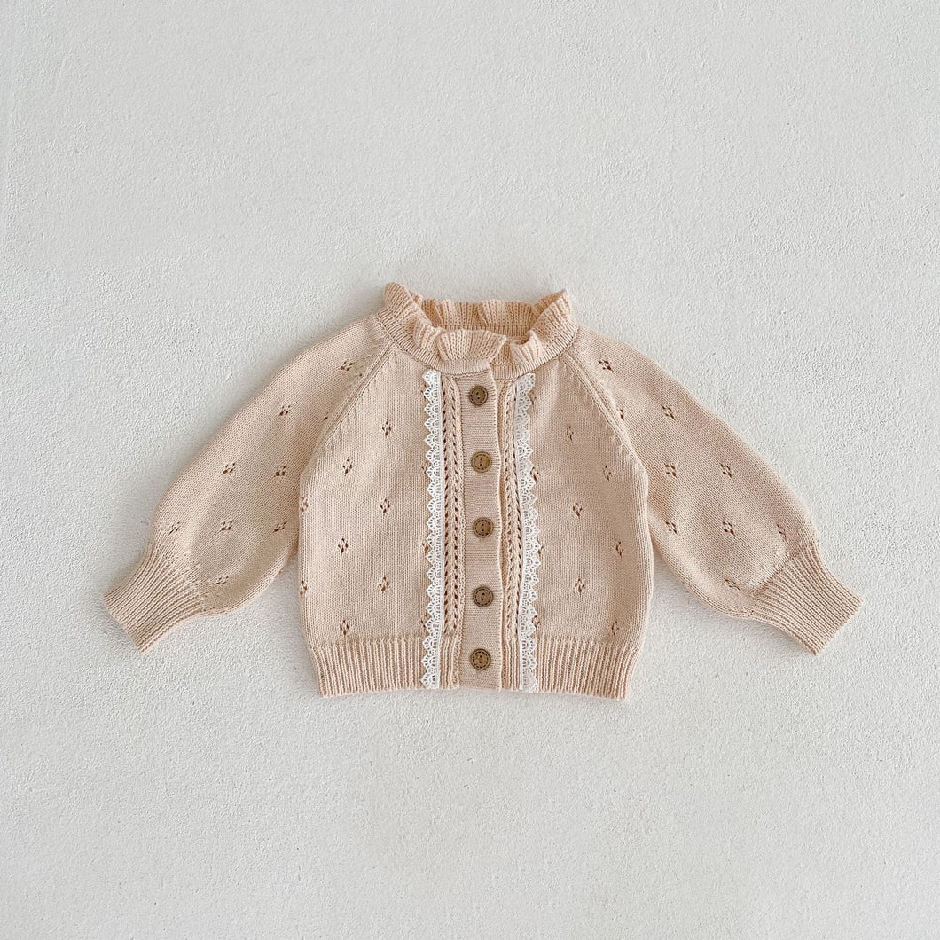 83074SE-2022 Autumn Infant and Child Girl Sweet Baita Lace Cardigan Hollow Fungus Collar Lace Knitted Jacket