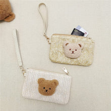 Load image into Gallery viewer, WH81501AC- Korean ins style embroidered bear children&#39;s straw zipper coin purse mom outing key bag wrist clutch bag 
