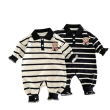 Load image into Gallery viewer, AL679559167635LS-Gentleman&#39;s lapel bear print striped romper
