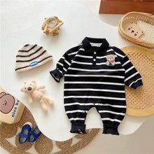 Load image into Gallery viewer, AL679559167635LS-Gentleman&#39;s lapel bear print striped romper

