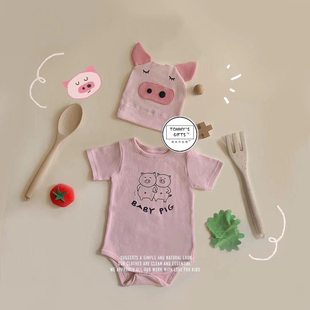 32314LS-Summer piggy print bodysuit + hat two-piece set