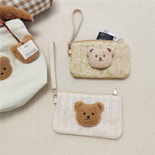 Load image into Gallery viewer, WH81501AC- Korean ins style embroidered bear children&#39;s straw zipper coin purse mom outing key bag wrist clutch bag 
