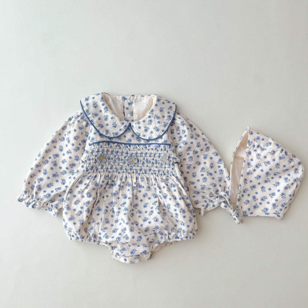 223H39LS-Korean autumn style 2022 infant crawling clothes long-sleeved small floral waist romper baby girl hooded jumpsuit