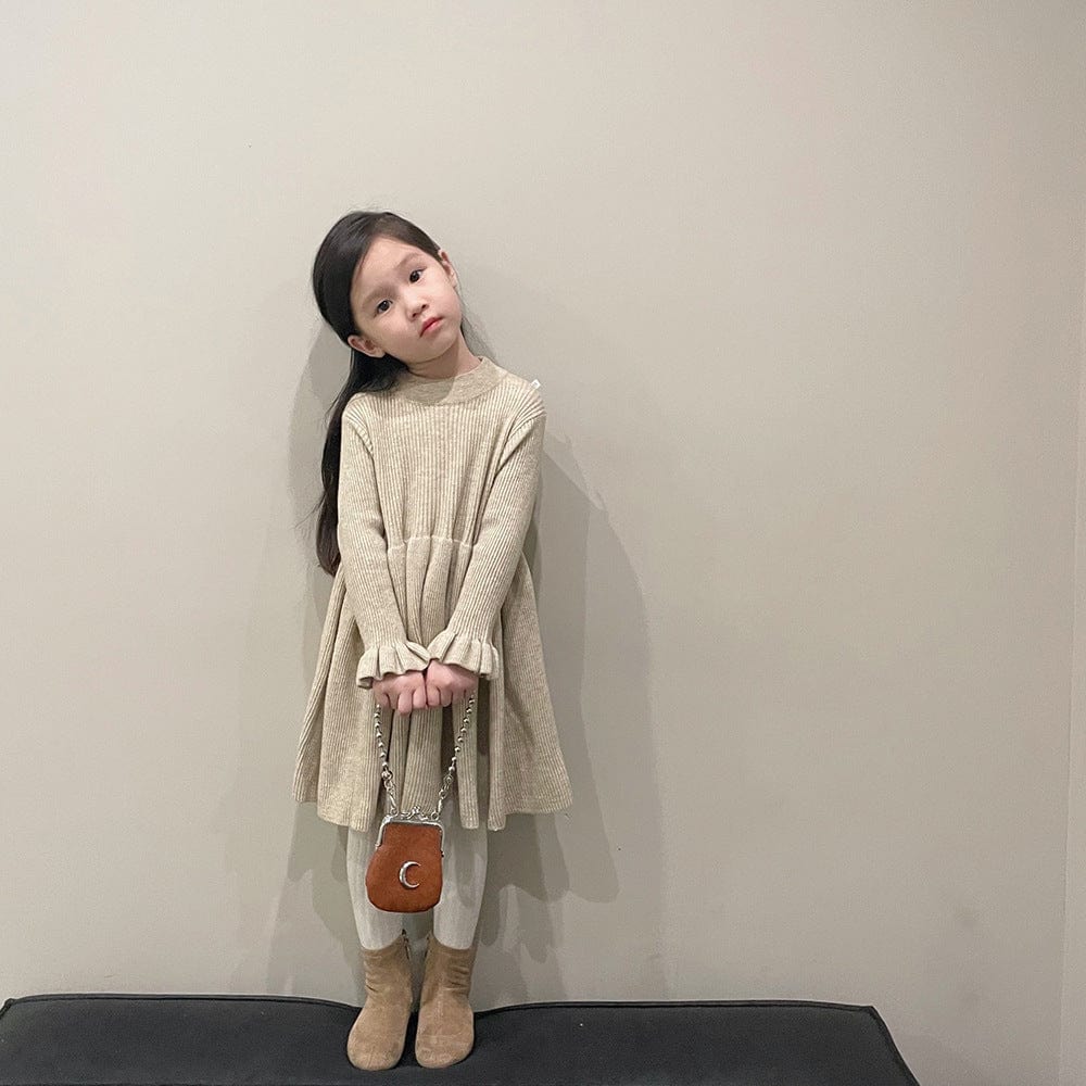 ZM22069DS-Girls' Lotus Sleeve Knitted Dress Solid Color Dress